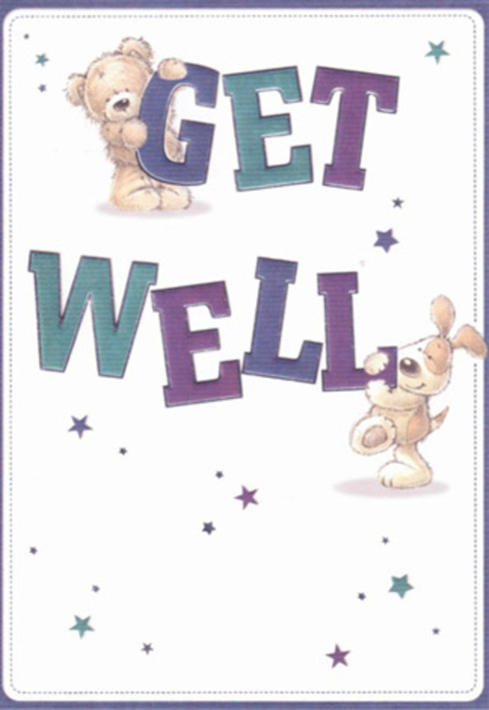 In this beautifully illustrated get well card, gentle encouragement springs forth through the animated friendship of a bear and a puppy. Playful stars, rendered in luminous blues and violets, dance through the air around them, delivering sparkling good wishes against a creamy, soft backdrop reminiscent of Downe's tranquil countryside mornings. The large, charismatic text in purples and aquas anchors the design, exuding an infectious optimism that lifts the spirits. The tactile textures-the bear's fluffy coat and the puppy's silken ears-are so deftly portrayed, inviting a sense of comfort akin to wrapping up in a cozy blanket or the embrace of a loved one. Every detail in the scene feels tenderly deliberate, much like how each bloom from Downe Florist is chosen to brighten a room and a heart. Imagine sending this card with a fresh bouquet: together, they echo the village's tradition of sincere, heartfelt gestures, turning a simple wish into a vibrant message of hope and reassurance for a loved one in need.